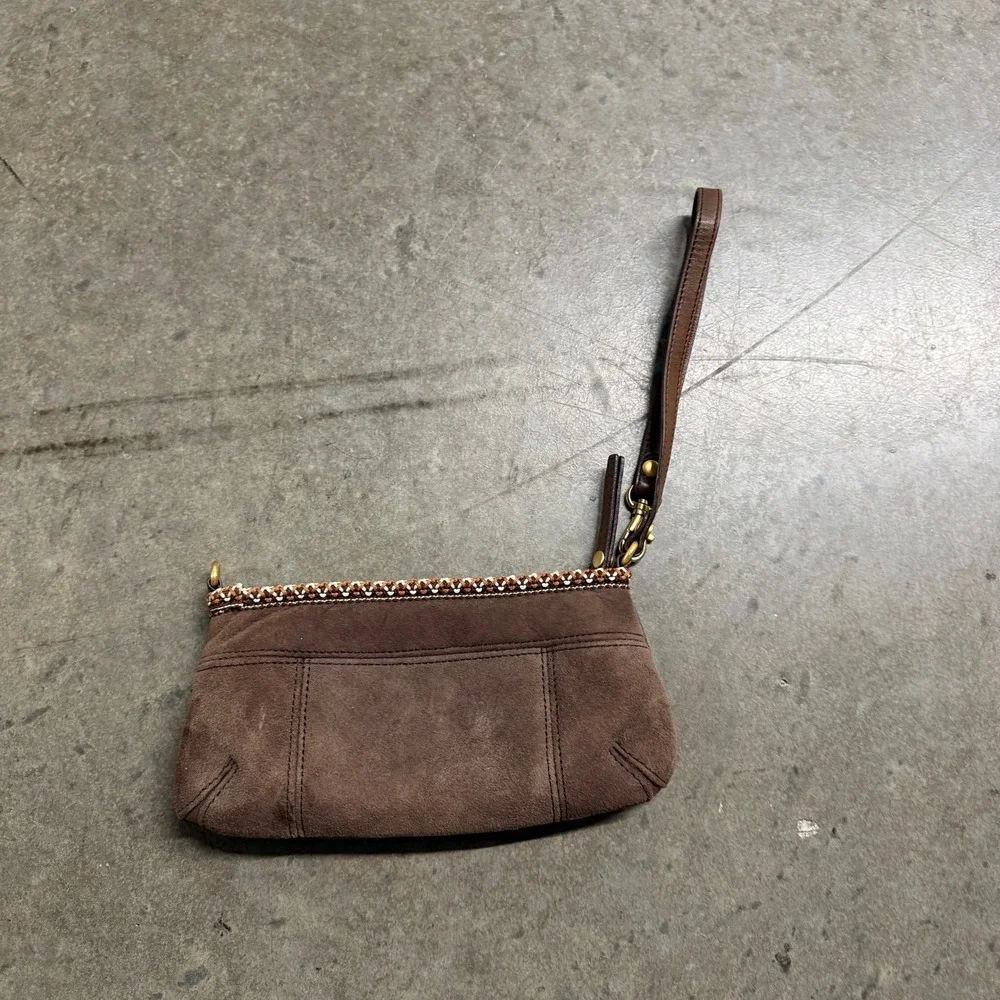 UGG Australia Brown Suede Shearling Lined Wristlet Clutch with Tasman Braid Trim